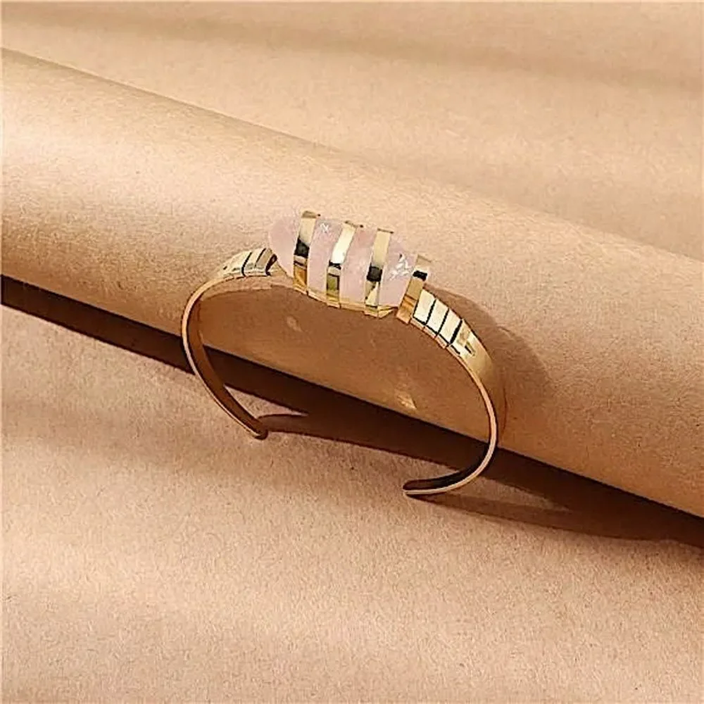 Artisan Free Spirit Unique Pink Stone Cuff Bracelet Minimalist Gold Tone Jewelry
